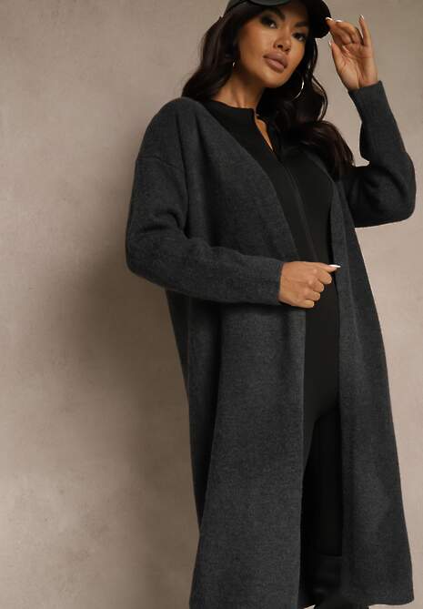 Ciemnoszary Niezapinany Kardigan z Wełną o Długim Kroju Mevidalla