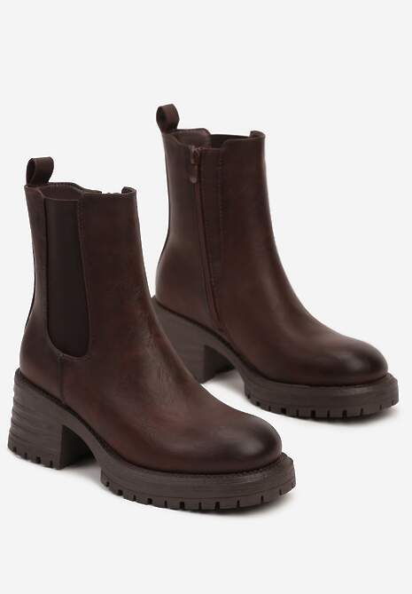 Ciemnobrązowe Ocieplone Botki na Słupku w Stylu Sztybletów Ozdobione z Boku Gumką Crethea