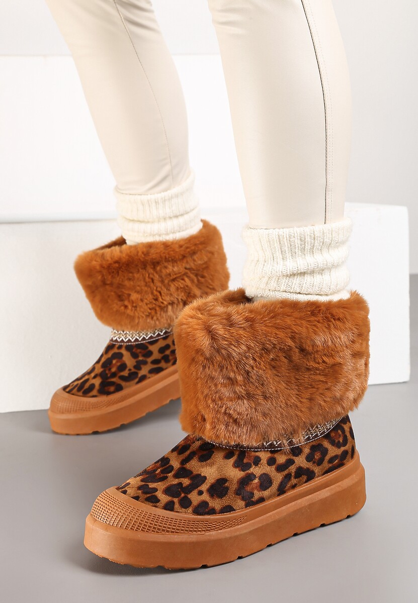 Brązowe Śniegowce na Płaskiej Podeszwie Ozdobione Futerkiem Haftem i Wzorem w Panterkę Lannetea