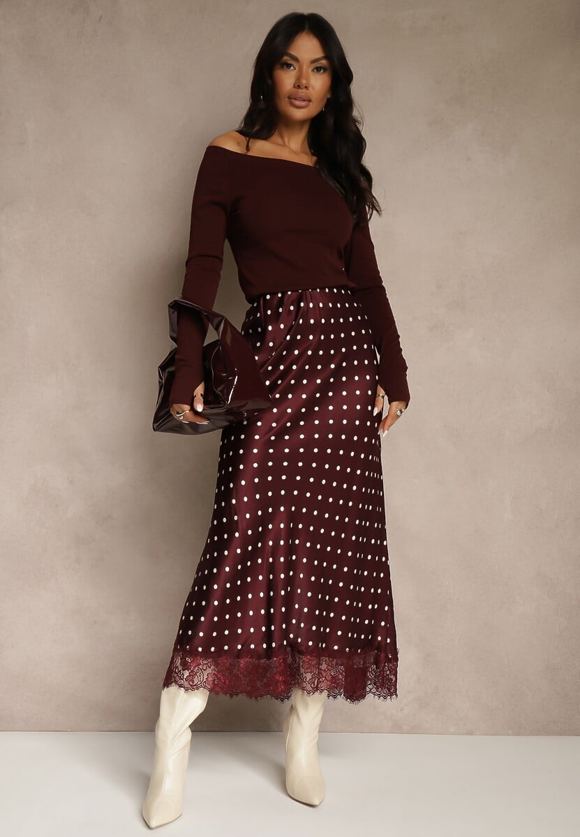 Brązowa Spódnica z Wiskozy High Waist Ozdobiona Kropkami i Koronką Monivia