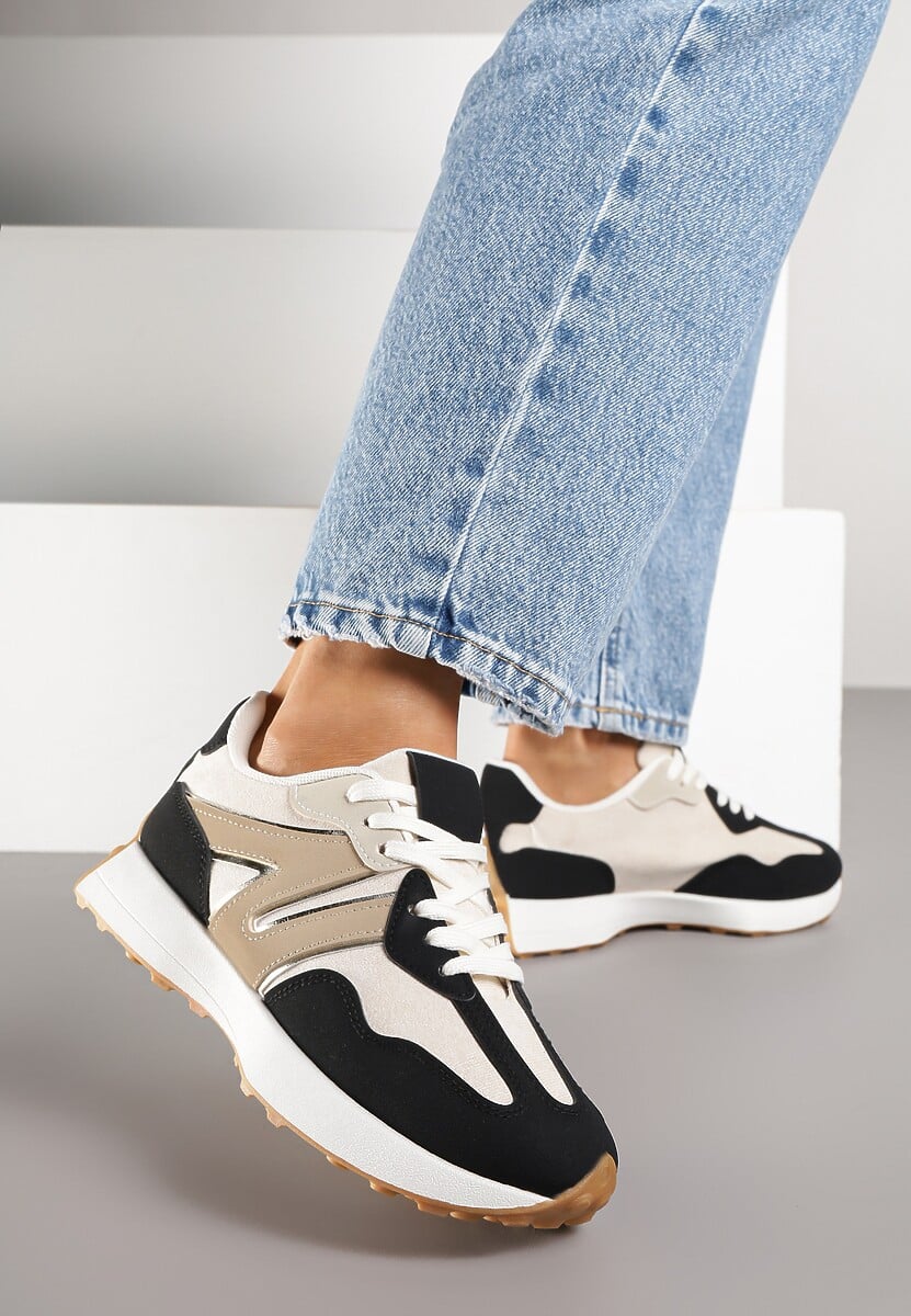 Beżowo-Brązowe Sneakersy Ozdobione Geometrycznym Motywem w Krowie Łaty Rilameia