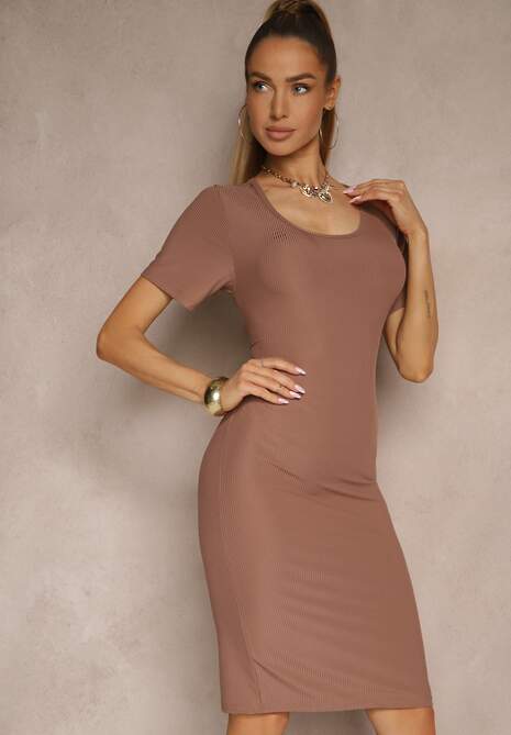 Brązowa Basicowa Sukienka z Bawełną Lumaselle