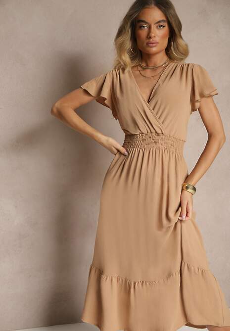 Beżowa Kopertowa Sukienka o Rozkloszowanym Fasonie z Gumką w Talii Reivione