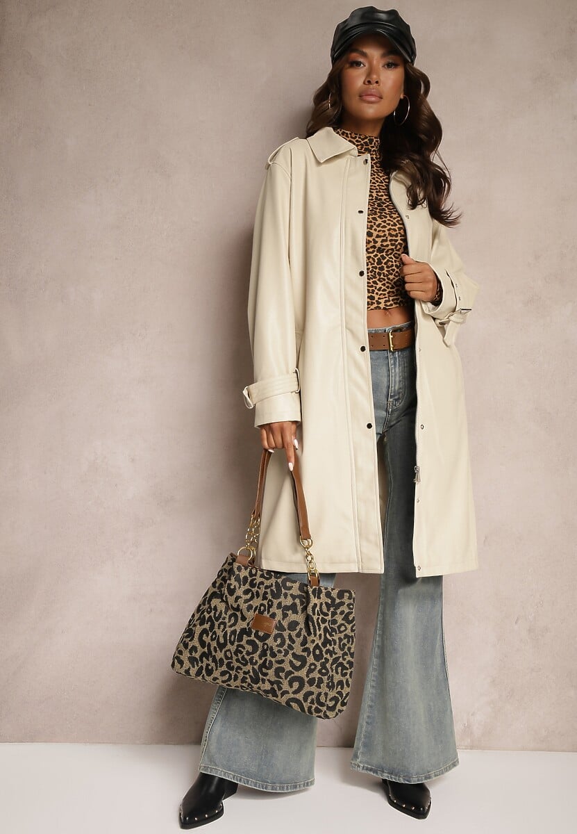 Beżowy Płaszcz Trencz z Paskiem w Talii i Kieszeniami Mailora