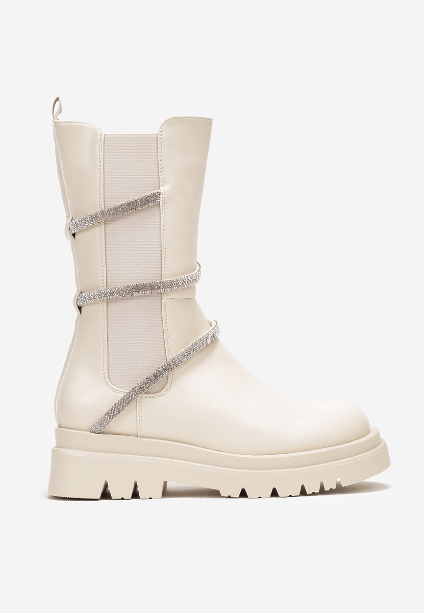 Beżowe Botki Sztyblety do Połowy Łydki  z Ozdobnym Paskiem z Cyrkoniami  Besiva