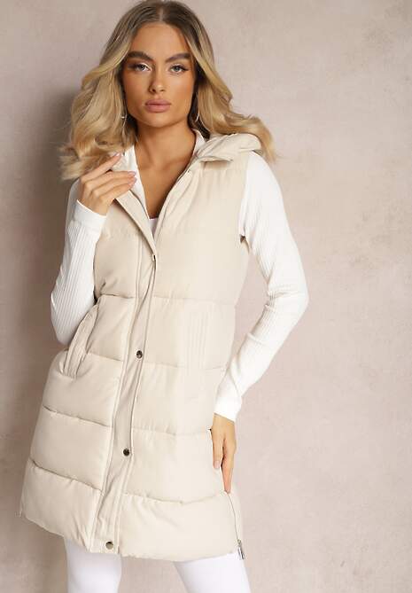 Jasnobeżowa Pikowana Kamizelka z Kapturem i Napami Dinesta