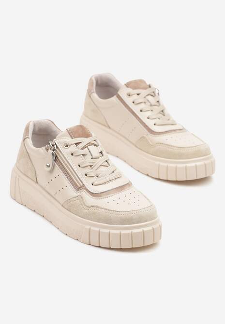Beżowe Sneakersy ze Skóry Naturalnej z Ozdobnym Suwakiem Tilliraya