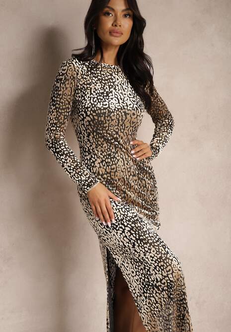 Beżowa Welurowa Sukienka z Wiskozą w Panterkę o Dopasowanym Kroju z Halką i Rozcięciami Velaki