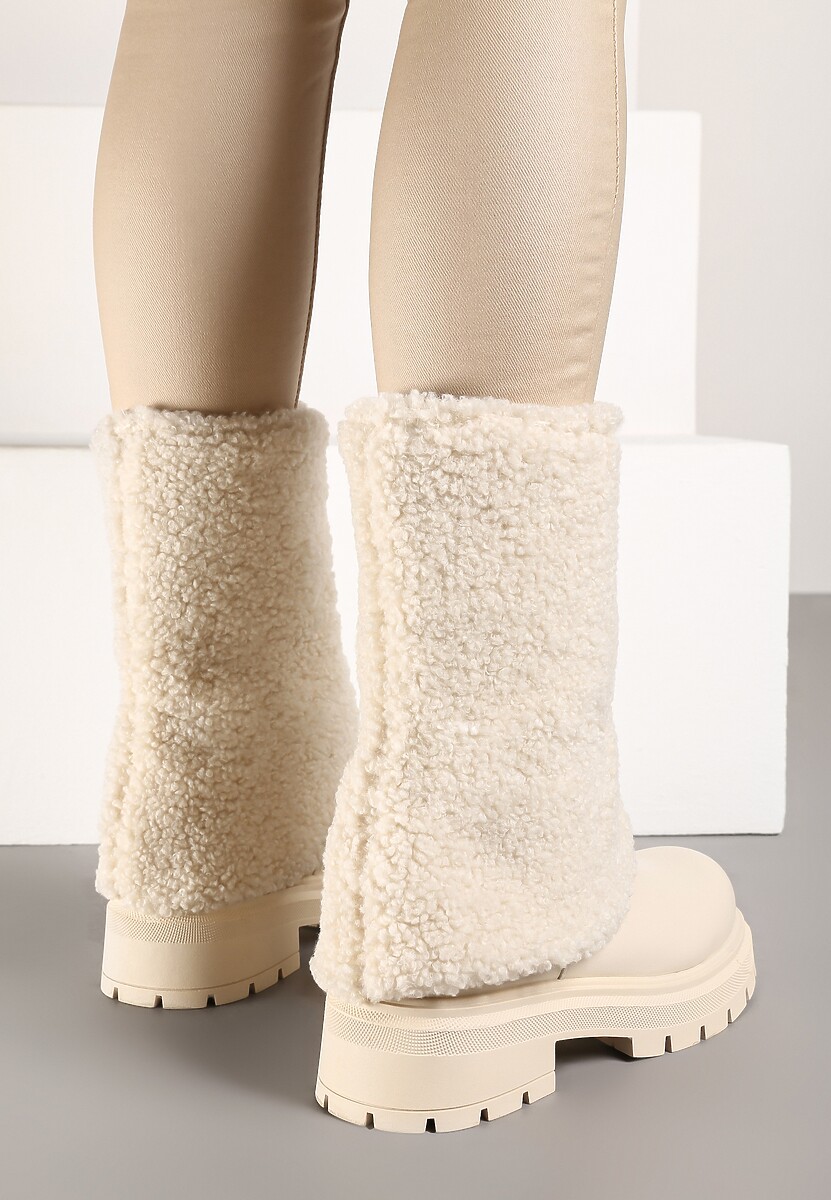 Beżowe Botki na Platformie z Tłoczeniem i Cholewką z Futerkiem Emilith