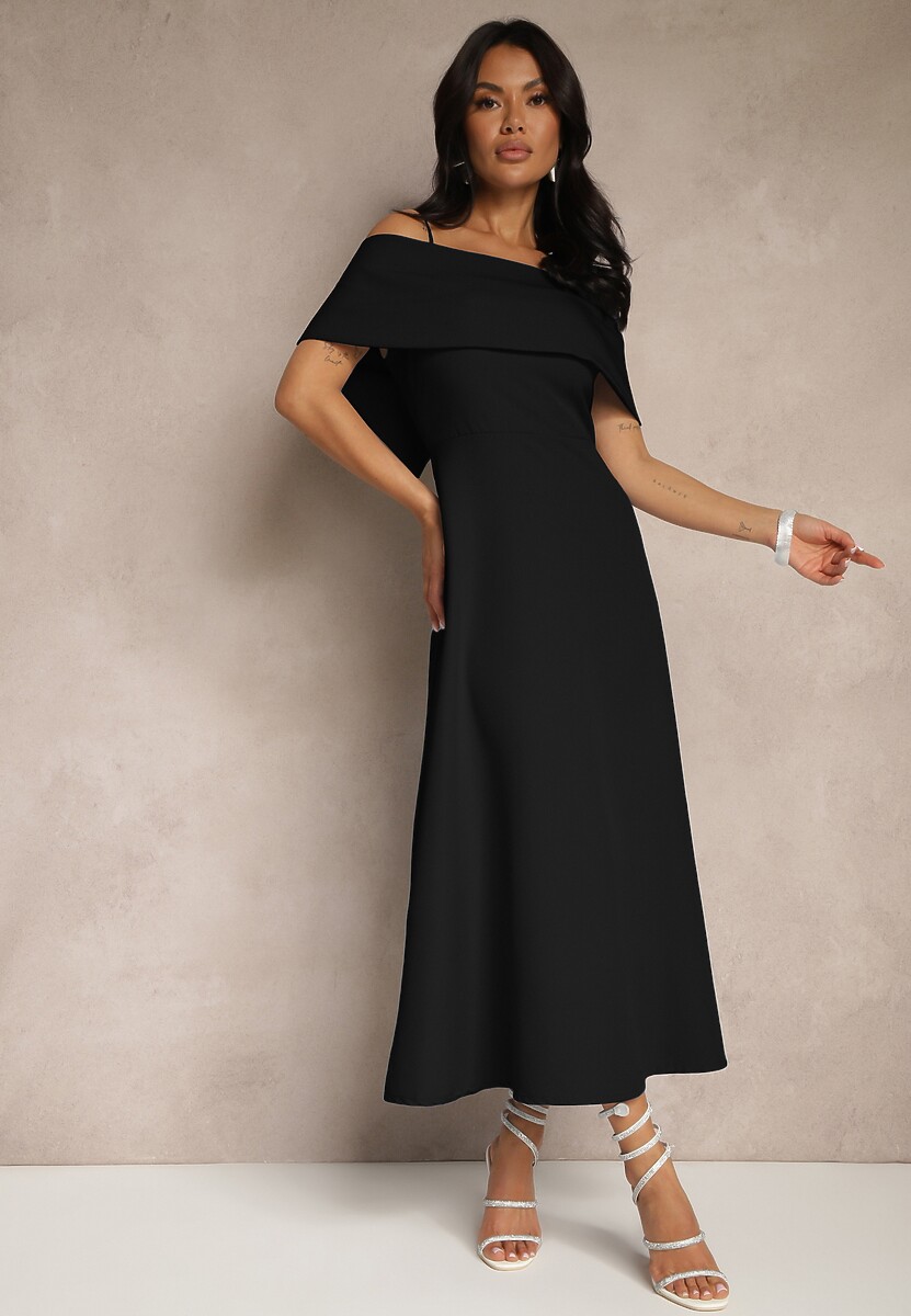 Beżowa Rozkloszowana Sukienka na Ramiączkach z Wywiniętym Dekoltem Jenavitia