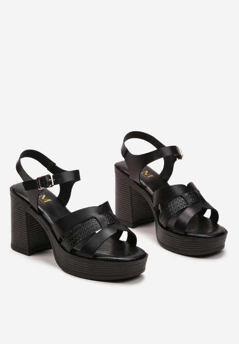 Czarne Sandały na Platformie i Słupku z Ekoskóry ze Sprzączką i Wycięciami Riklada
