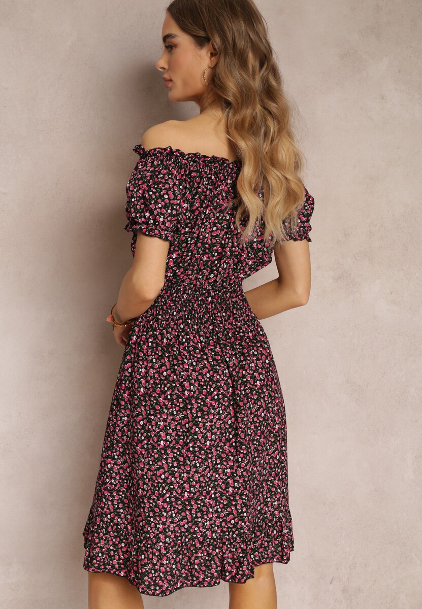 Czarno-Czerwona Bawełniana Sukienka z Gumką w Talii o Fasonie Hiszpanki Jazmi