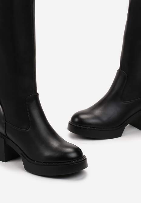 Czarne Kozaki Przed Kolano z Ekoskóry na Słupku Zapinane na Zamek Stallata