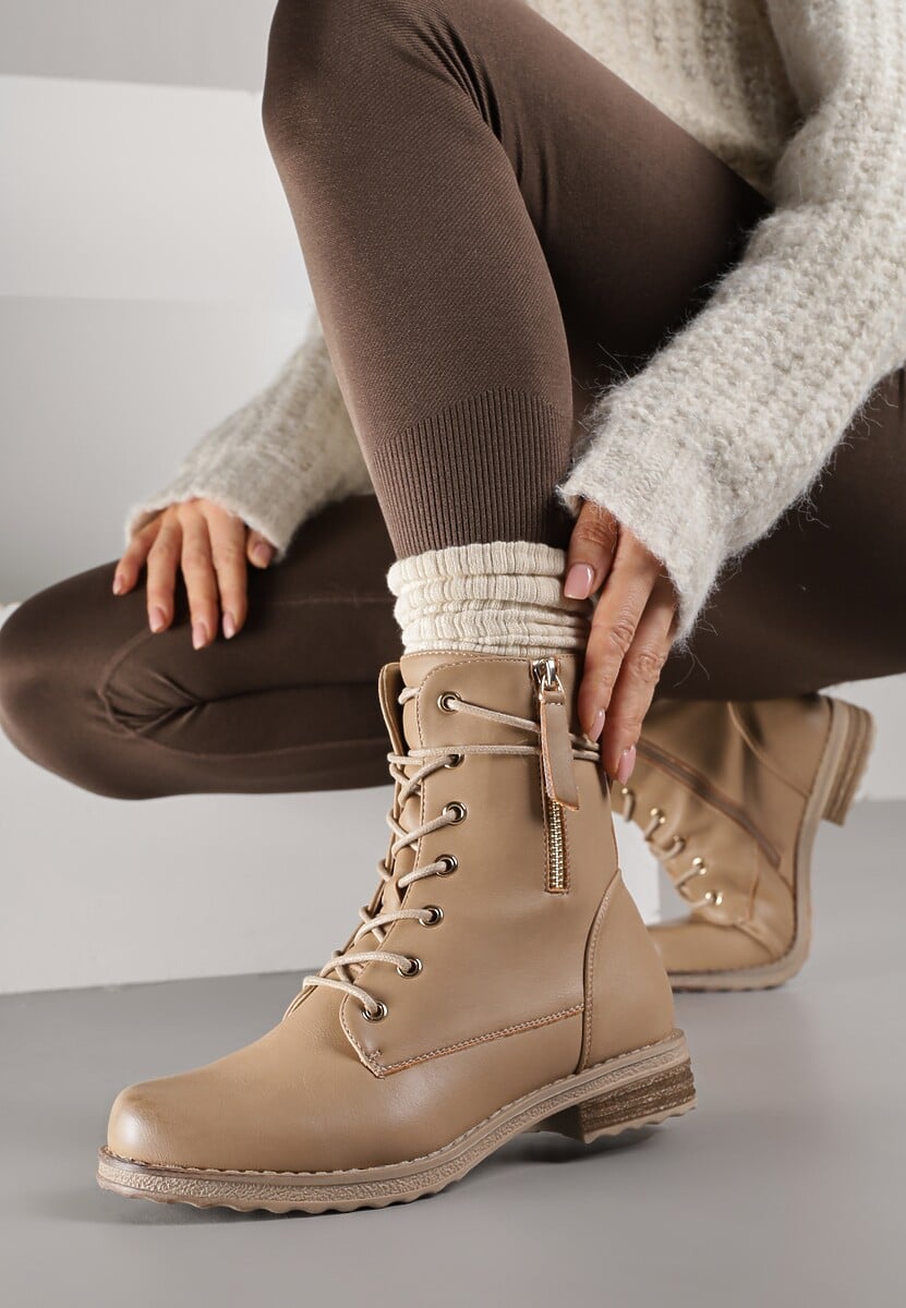 Ciemnobeżowe Sznurowane Botki Workery na Płaskiej Podeszwie Ozdobione Suwakiem Tarinda