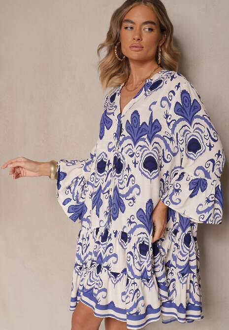Niebieska Rozkloszowana Sukienka z Wiskozy Zdobiona Etnicznym Printem Pasiretia