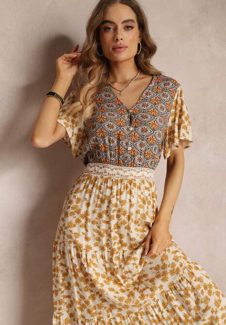 Jasnobeżowa Sukienka Rozkloszowana Maxi z Wiskozy Ophitria