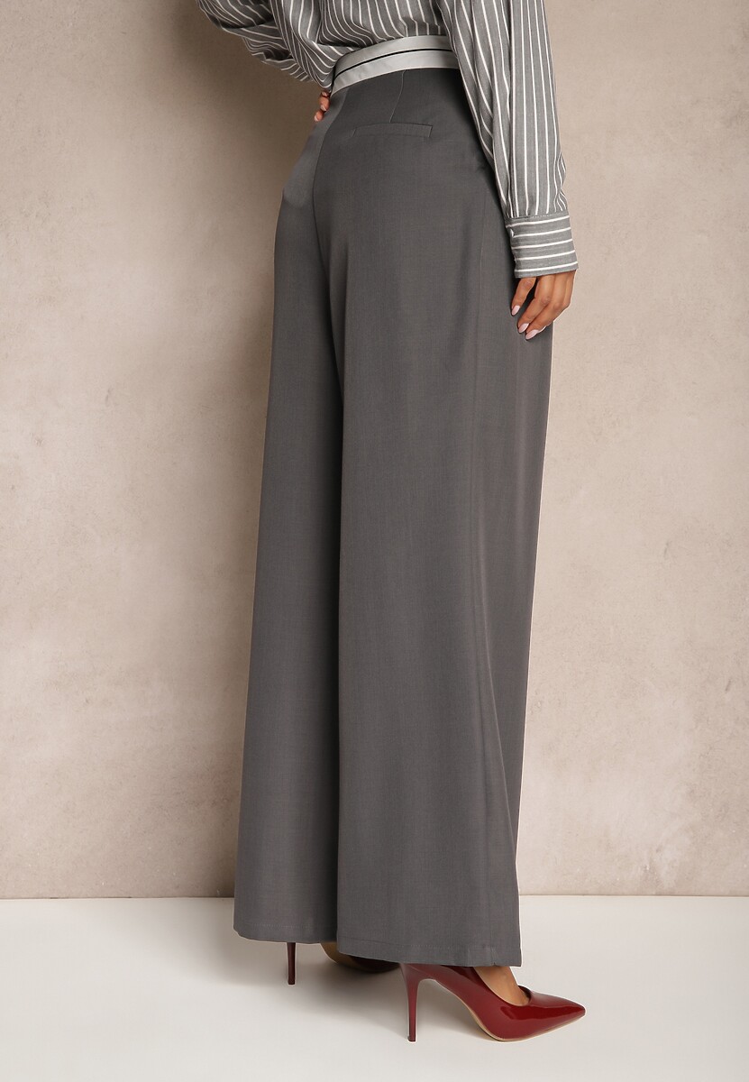 Szare Spodnie z Wiskozy Palazzo High Waist Zapinane na Suwak Nellieva