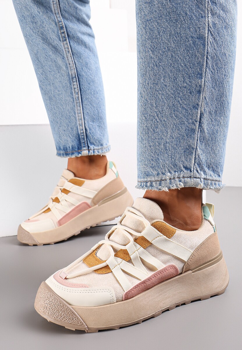 Beżowo-Fioletowe Sznurowane Płaskie Sneakersy z Kolorowymi Wstawkami z Ekoskóry Wonise