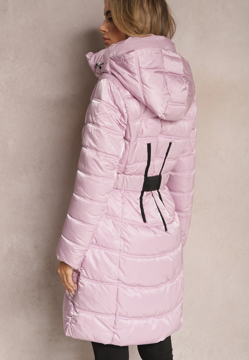 Fioletowa Kurtka Płaszcz z Poziomym Pikowaniem i Paskiem w Talii Nondra