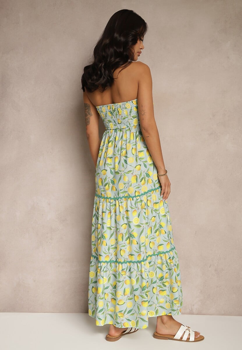 Ciemnozielona Sukienka Ozdobiona Kokardą i Motywem Cytryn Galionea