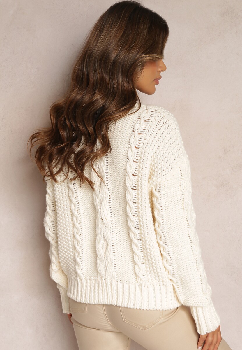 Jasnobeżowy Grubo Pleciony Sweter z Wełną i Bawełną Bavime