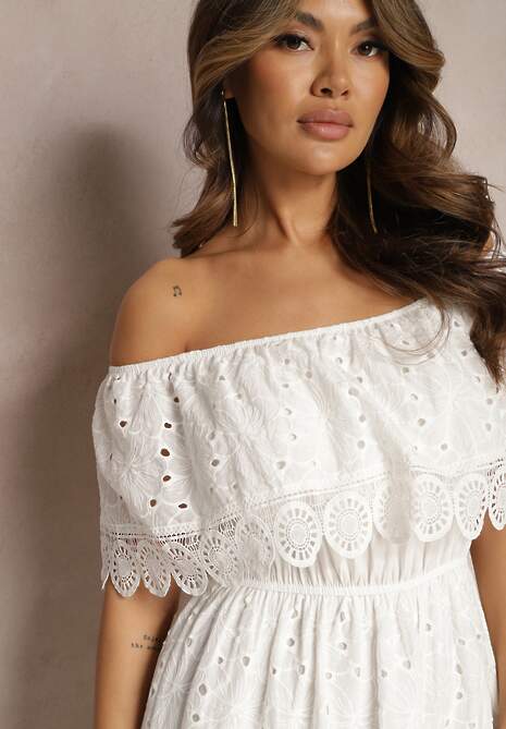 Biała Bawełniana Sukienka Hiszpanka Ażurowa Maxi z Falbankami i Koronką Telavia