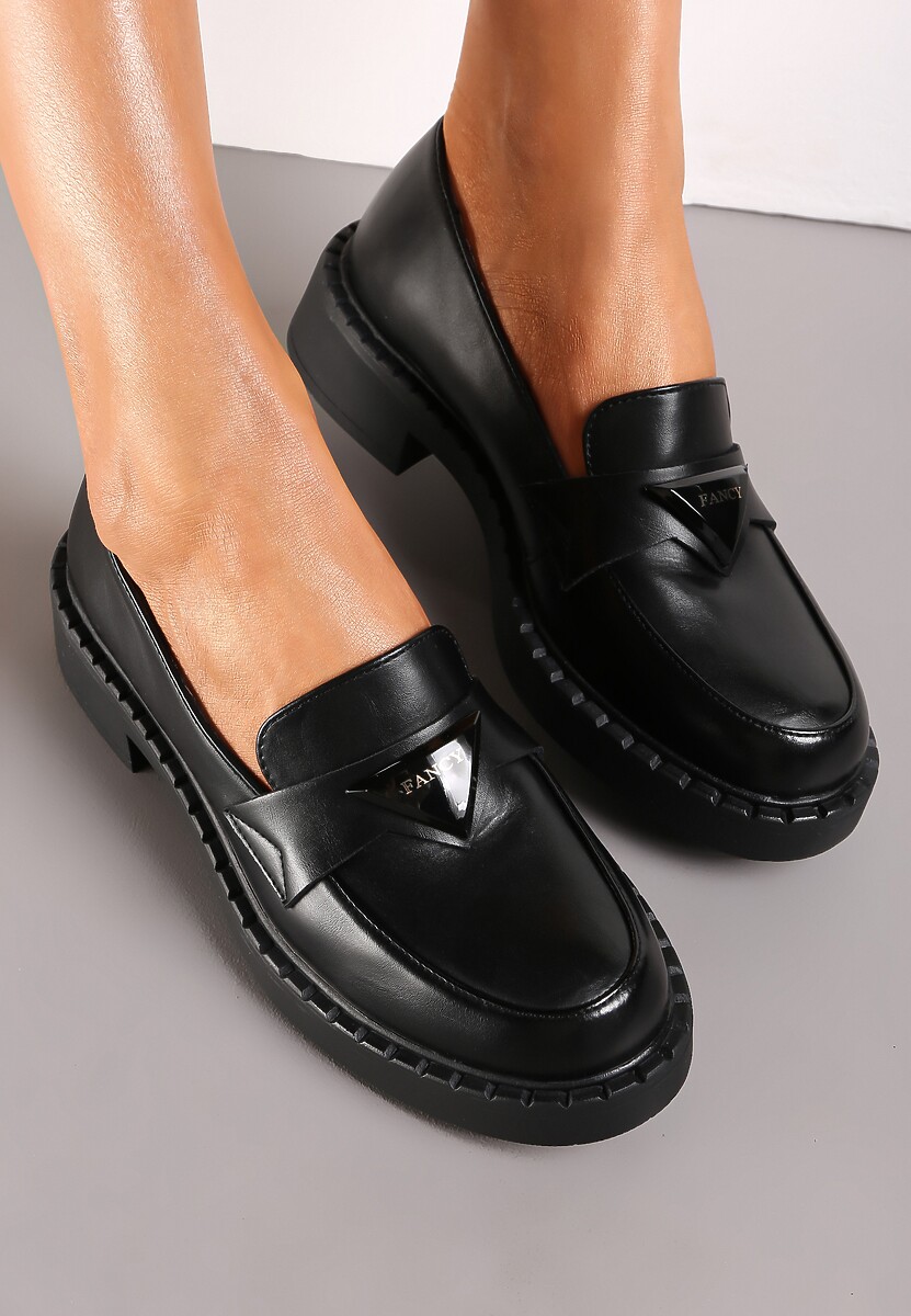 Czarne Mokasyny na Płaskim Obcasie ze Skórzaną Wkładką Mesanim