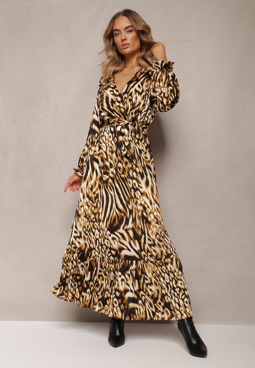 Granatowo-Niebieska Rozkloszowana Sukienka z Gumką w Talii i Kopertowym Dekoltem Janiis