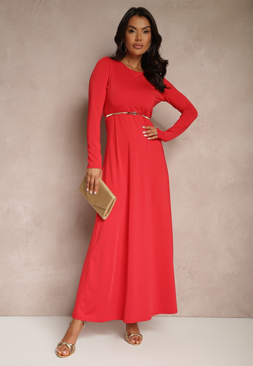 Czerwona Sukienka z Wiskozą o Rozkloszowanym Kroju z Wycięciem na Plecach Isollina