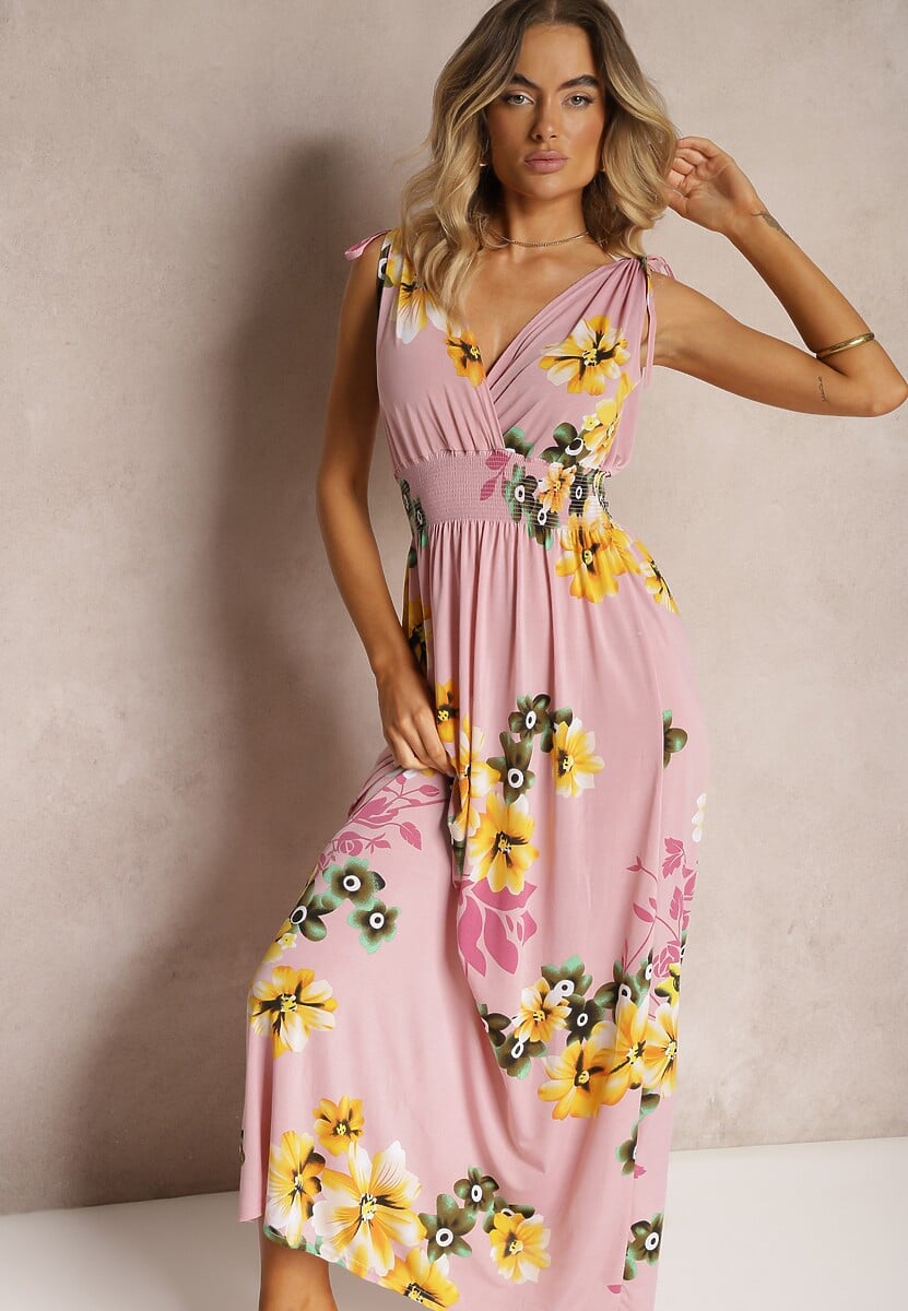 Różowa Sukienka z Wiązanymi Ramiączkami w Kwiatowy Print o Rozkloszowanym Fasonie Talloa
