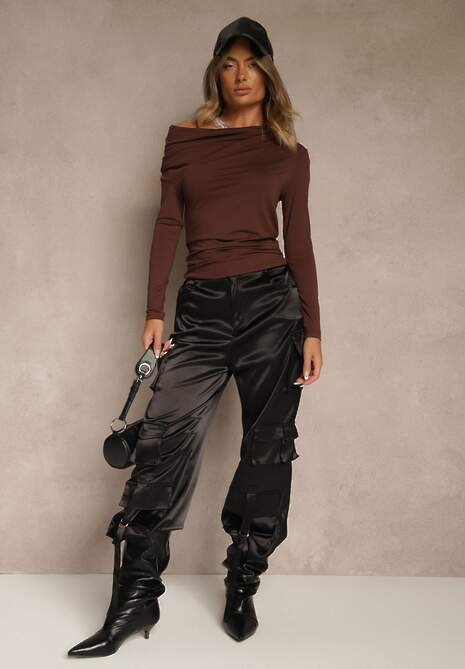 Brązowa Bluzka Longsleeve Vices z Asymetrycznym Dekoltem Fertie