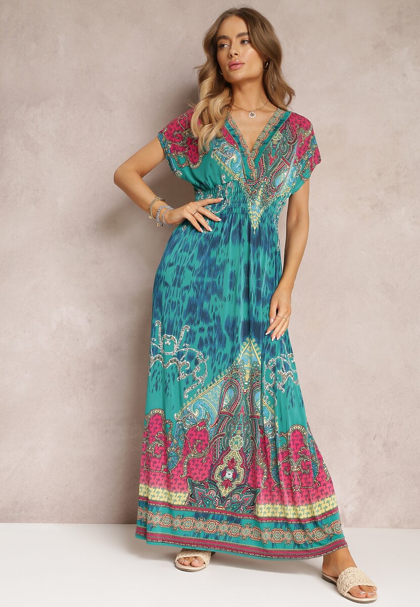 Zielona Sukienka o Kopertowym Kroju w Ornamentalny Print Nalori