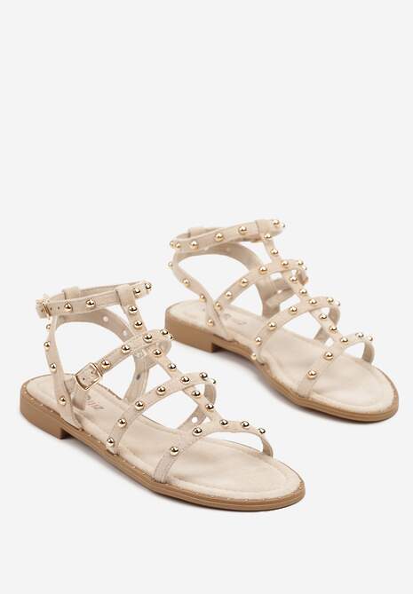 Beżowe Sandały Gladiatorki z Paskami Zdobionymi Nitami Milritia