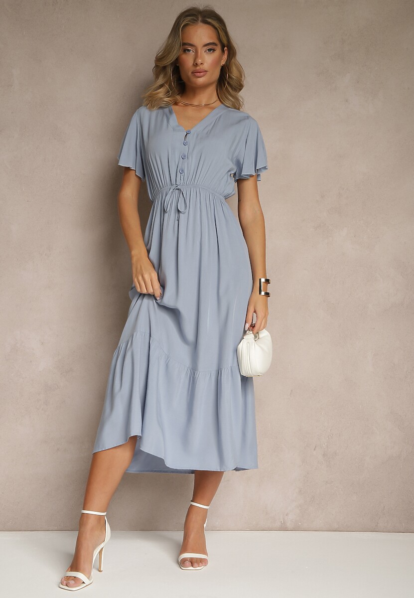 Niebieska Rozkloszowana Sukienka z Bawełny Zdobiona Guzikami Folennea