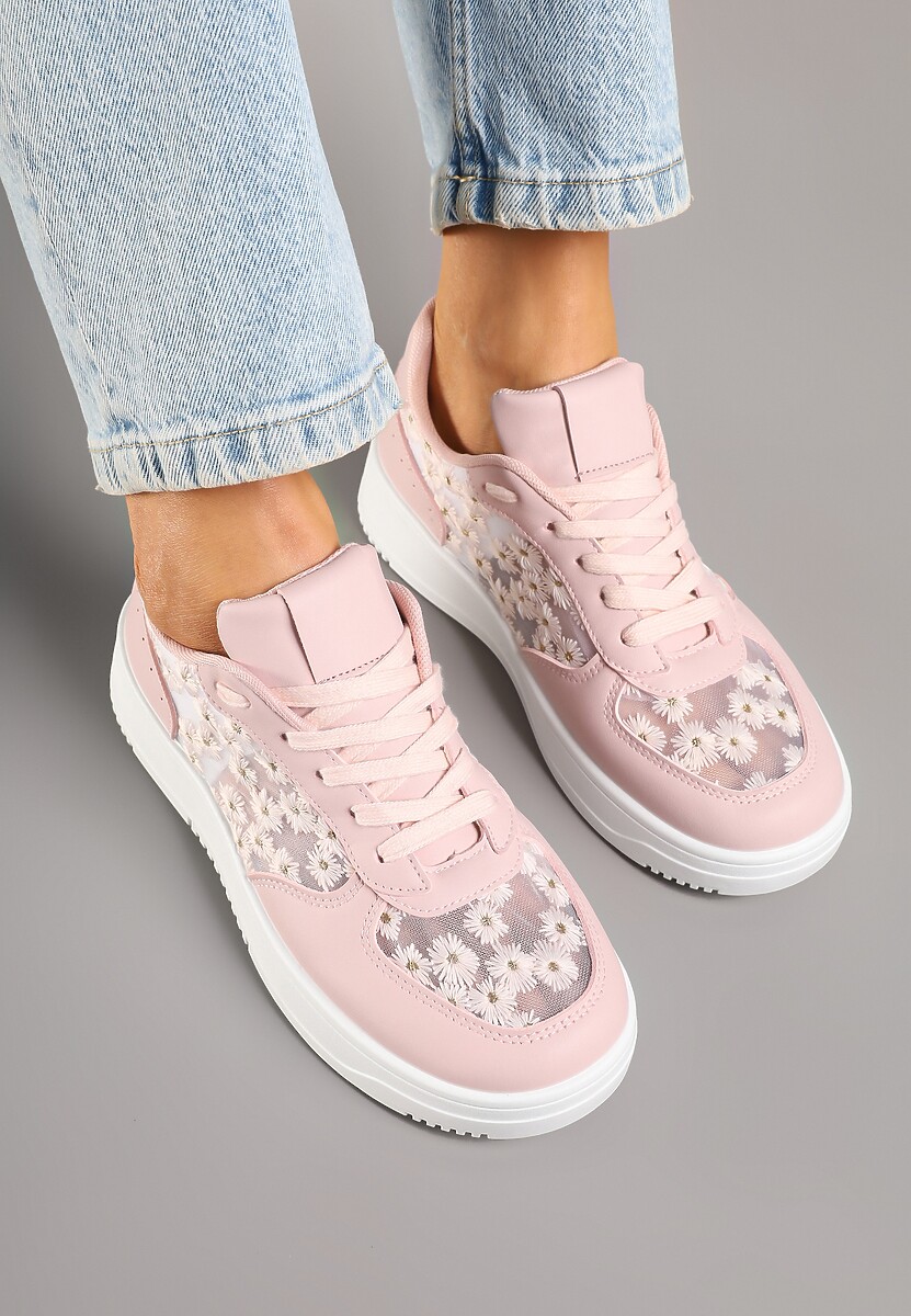 Różowe Sneakersy z Haftem i Zdobieniami z Siateczki Lirivessa