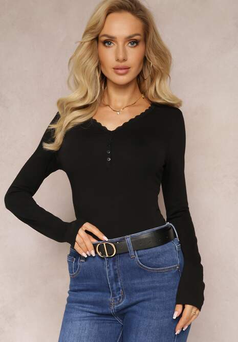 Czarna Bluzka z Elastycznej Bawełny Ozdobiona Guzikami i Koronką Senura