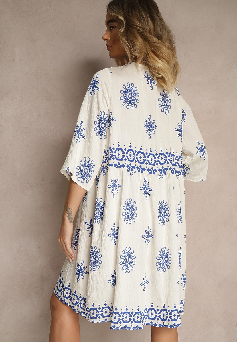 Niebiesko-Kremowa Sukienka Ozdobiona Ornamentalnym Wzorem z Wiskozą Daviloria