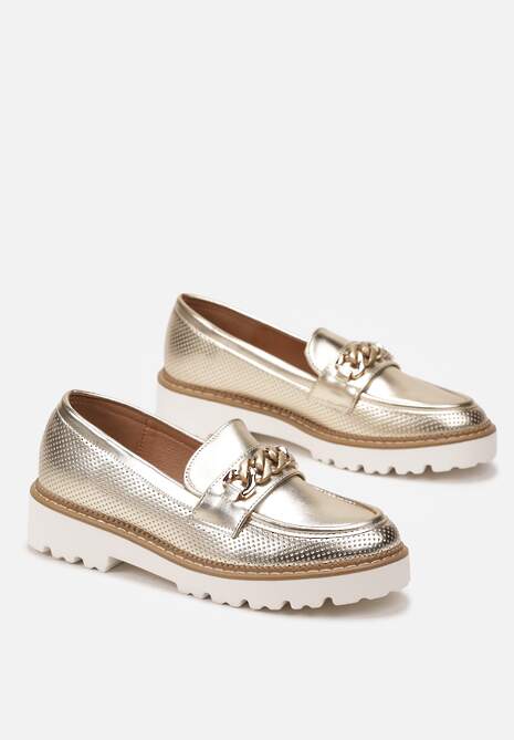 Złote Mokasyny z Łańcuszkiem i Grubą Podeszwą Ferinla