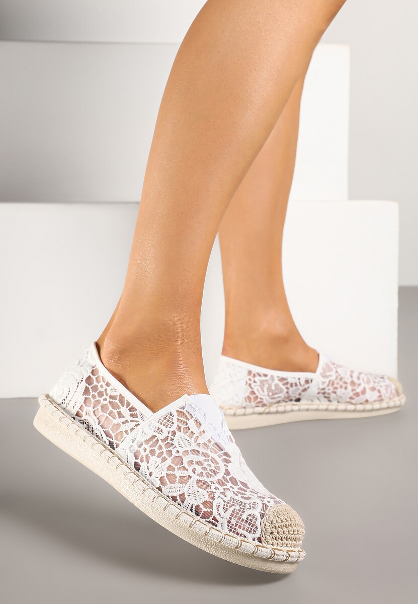 Białe Espadryle z Plecionką i Koronką Merarilia
