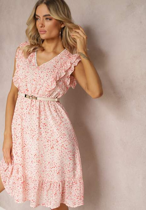 Różowa Rozkloszowana Sukienka z Gumką w Pasie i Falbankami Ulaia