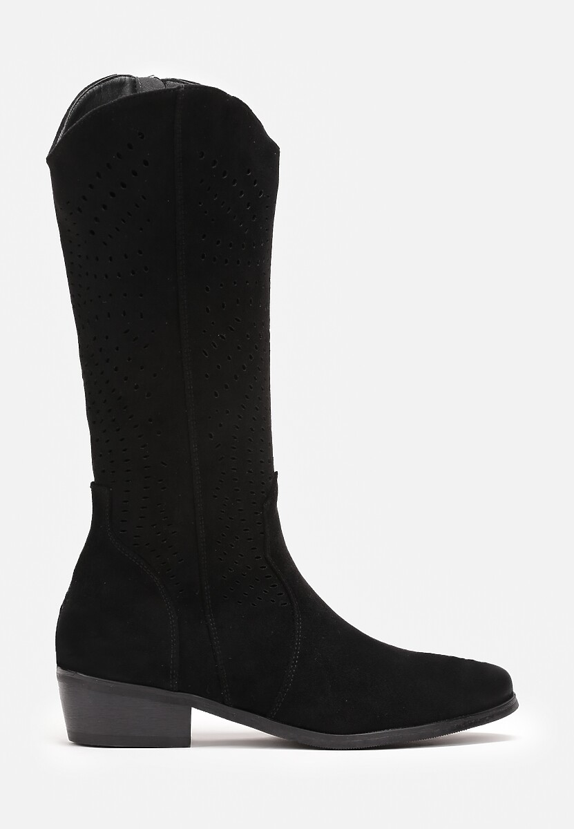 Czarne Botki Kowbojki z Ażurową Cholewką na Niskim Stożku Fellime