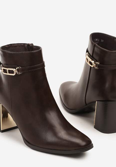 Brązowe Botki na Słupku z Metaliczną Aplikacją Latoreia