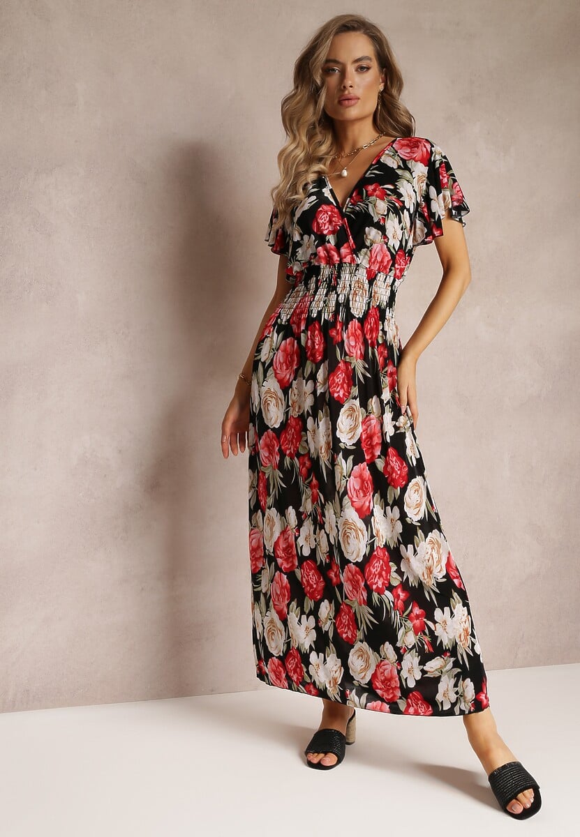 Czarno-Czerwona Kopertowa Sukienka Maxi w Kwiaty z Gumką w Talii Jazzly