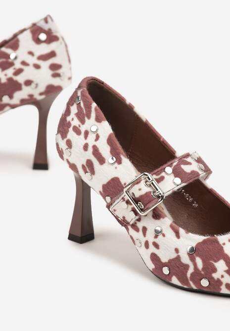 Brązowe Czółenka Vices w Krowie Łaty na Szpilce z Wkładką ze Skóry Naturalnej Ozdobione Nitami Rileinea Viralowe