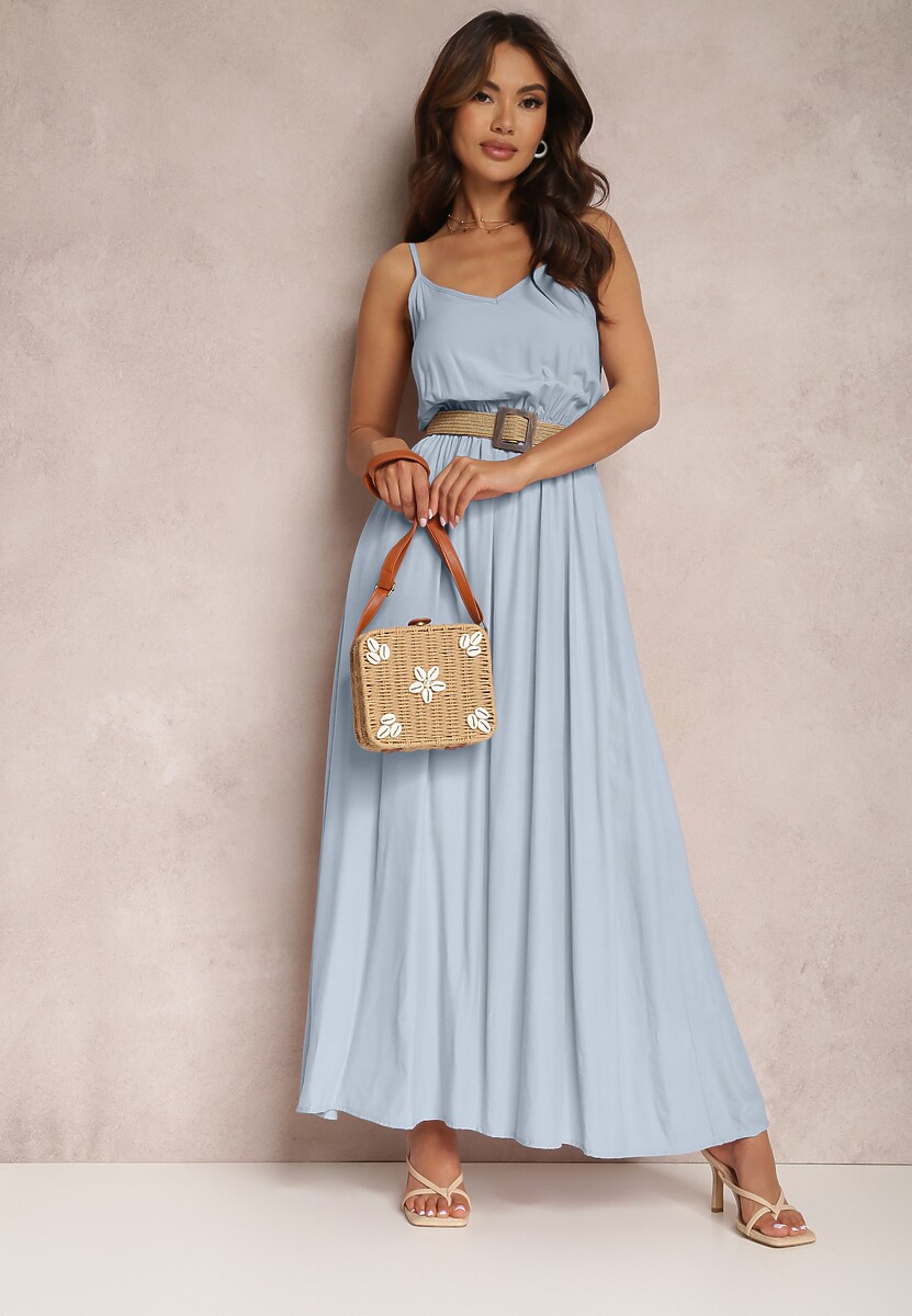 Niebieska Sukienka z Paskiem Auxonia