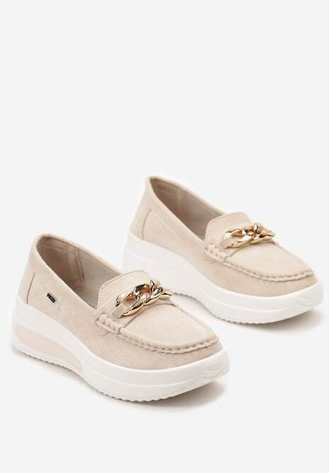 Beżowe Mokasyny z Łańcuszkiem na Wysokiej Platformie Iracana