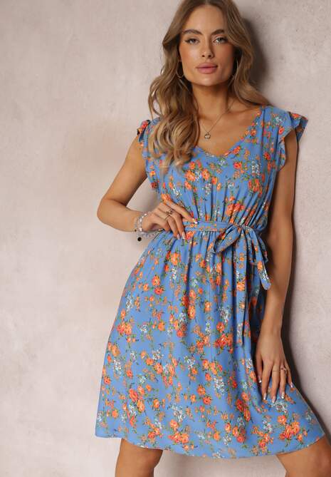 Niebieska Sukienka Mini z Wiskozy z Gumką w Talii Farlock