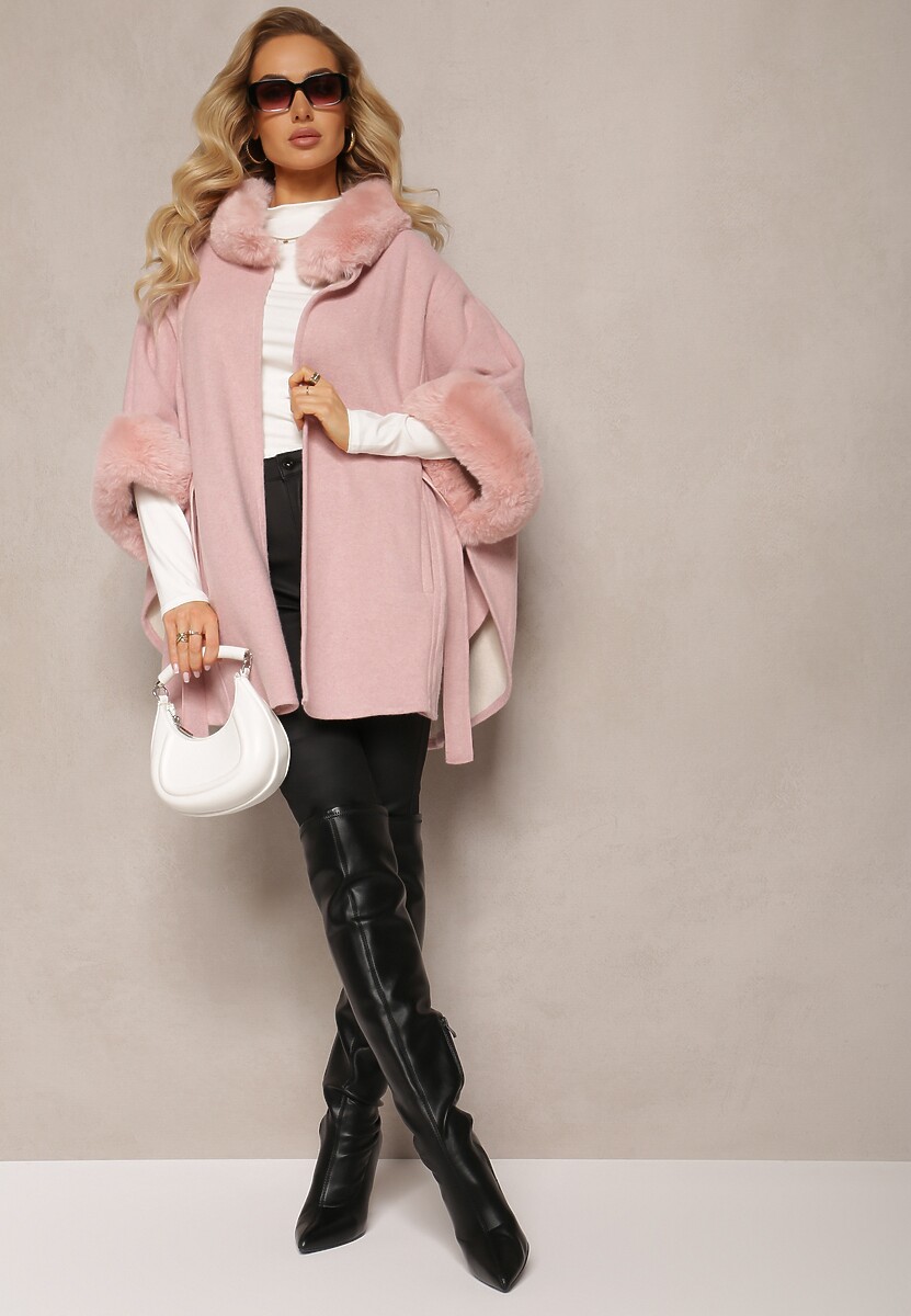 Różowy Płaszcz Ponczo z Wiskozy z Paskiem i Futerkiem Roymessa