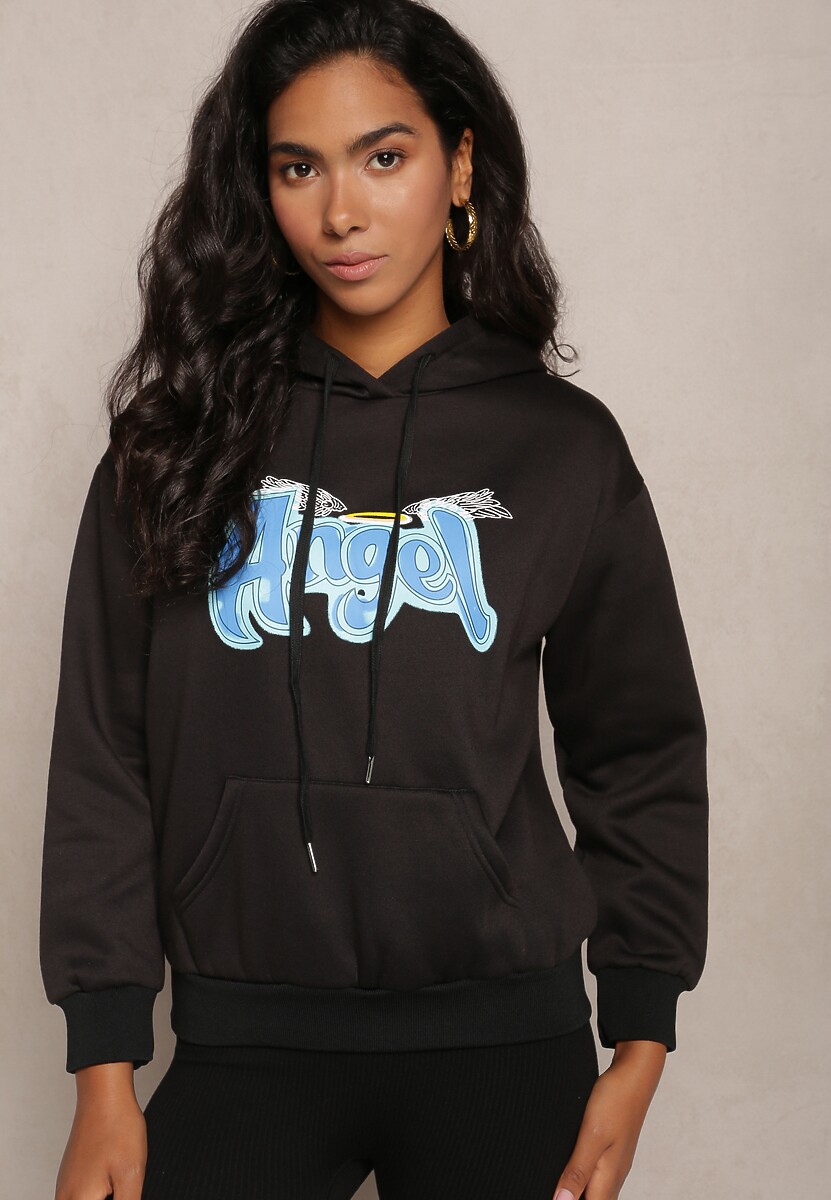 Czarna Ocieplona Bluza Kangurka z Nadrukiem Pralle