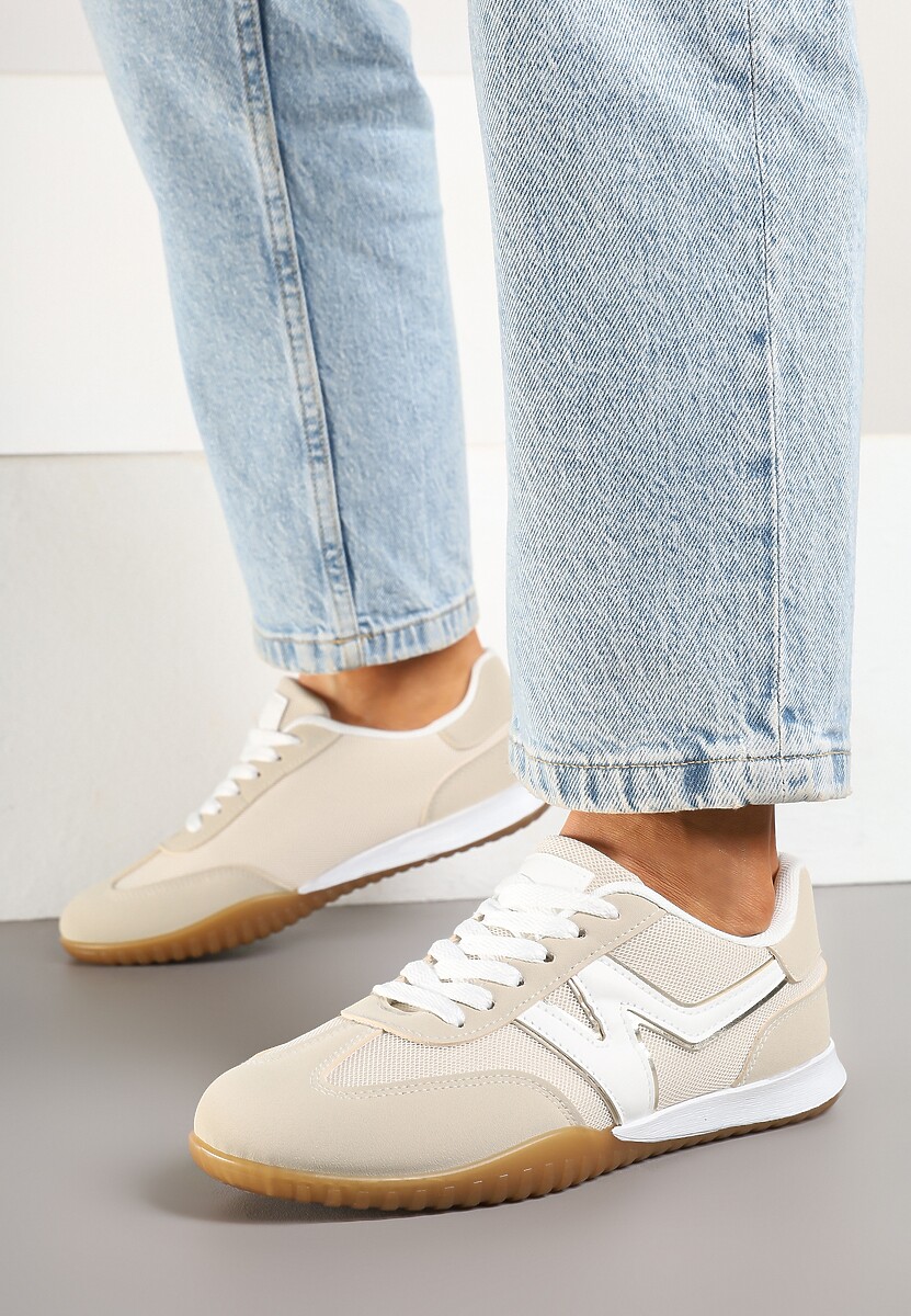 Beżowe Sneakersy w Stylu Tenisówek Ozdobione Naszywką Tanelis